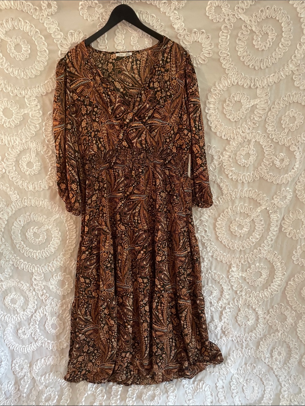 Dex Plus Paisley Maxi Dress V-neck Elastic waist & sleeves brown black white